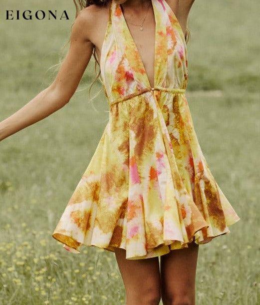 New fashionable V-neck suspender sexy printed halter neck short dress Yellow casual dress casual dresses clothes dress dresses short dress short dresses