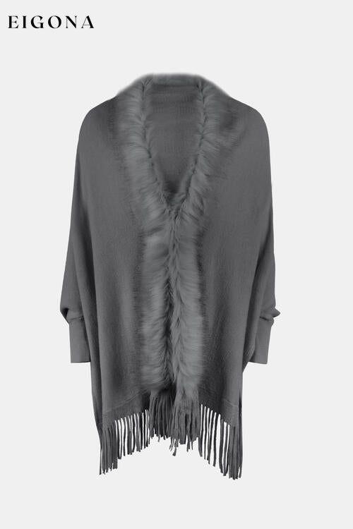 Fringe Open Front Long Sleeve Poncho Charcoal One Size clothes Drizzle Ship From Overseas sweaters