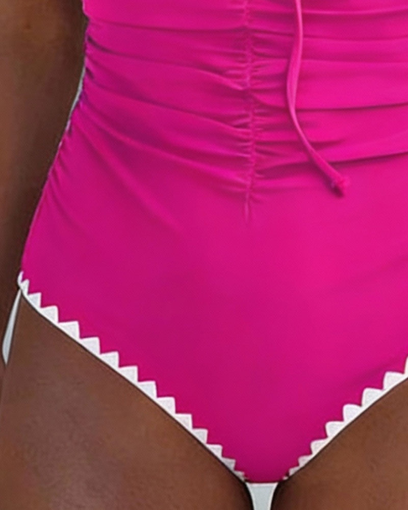 Strapless Color-Blocked Pleated One-Piece Swimsuit