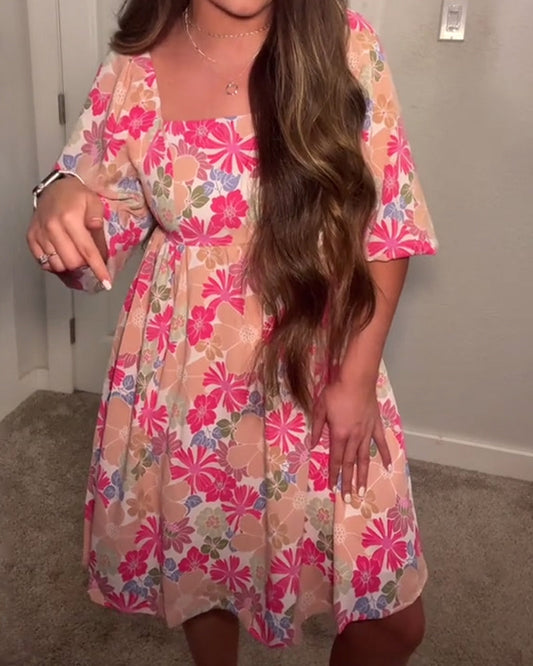 Square-Neck Puff-Sleeve Babydoll Dress