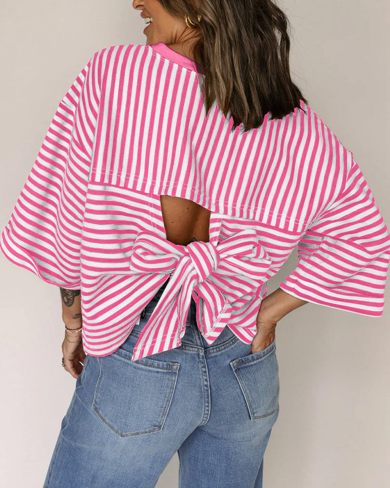 Crew Neck Back Hollow Bow Striped T-Shirt