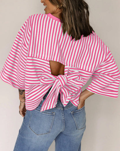 Crew Neck Back Hollow Bow Striped T-Shirt