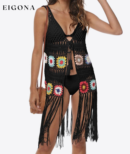 Openwork Fringe Detail Embroidery Sleeveless Cover-Up Black One Size clothes O & Y.M Ship From Overseas trend