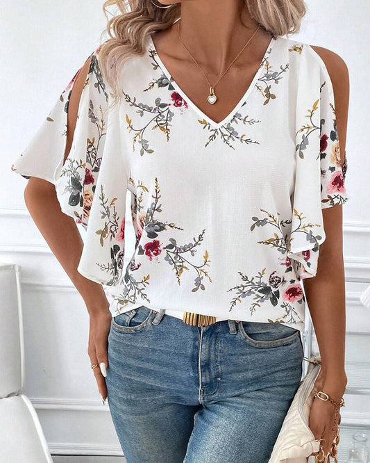 Blusa stampata con scollo a V e spalle scoperte