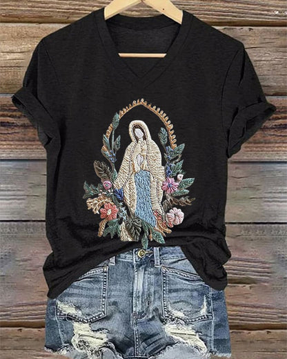 Women's Christian Our Lady Floral Printed V-Neck T-shirt 2024 f/w Faith Lover spring summer t-shirts