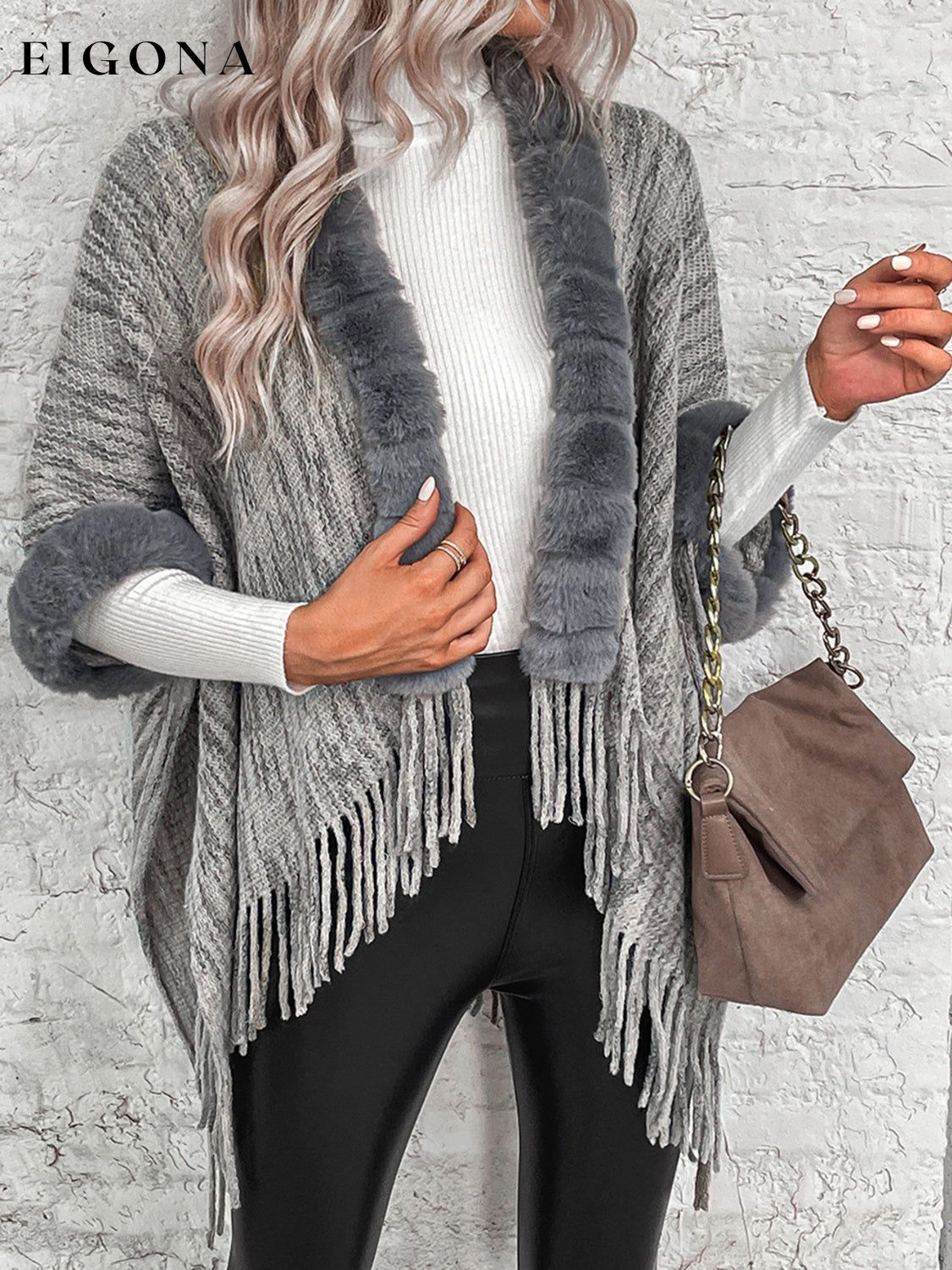 Open Front Fringe Hem Faux Fur Poncho clothes poncho Ship From Overseas Shipping Delay 09/30/2023 - 10/03/2023 Sounded Sweater sweaters
