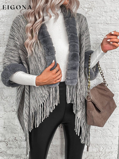 Open Front Fringe Hem Faux Fur Poncho clothes poncho Ship From Overseas Shipping Delay 09/30/2023 - 10/03/2023 Sounded Sweater sweaters