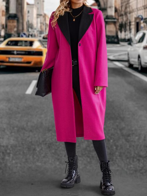 Collared Neck Buttoned Longline Coat Hot Pink Bigh clothes Jackets & Coats Ship From Overseas