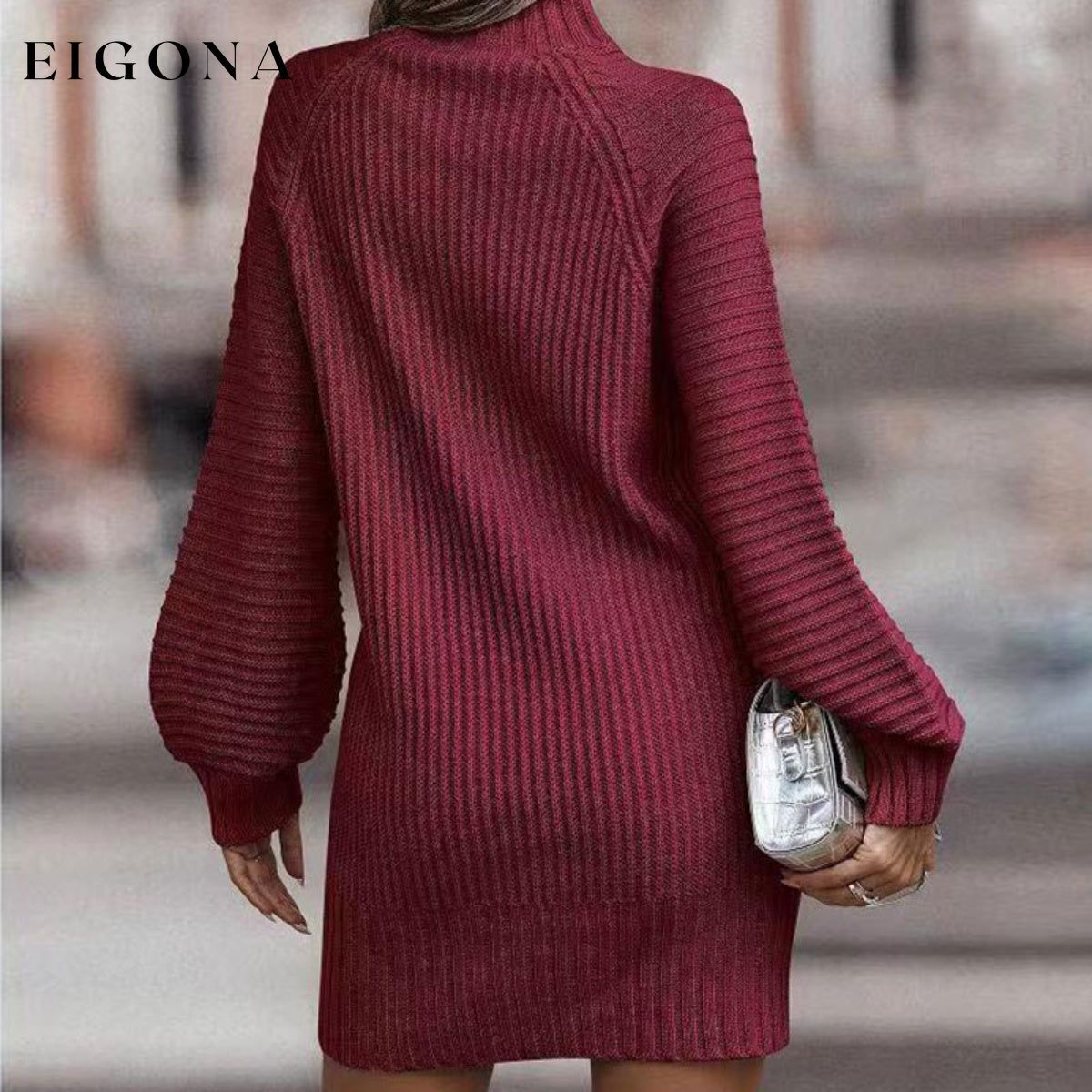 Mock Neck Lantern Sleeve Sweater Dress casual dresses clothes dress dresses Ship From Overseas Shipping Delay 09/29/2023 - 10/04/2023 sweater dress Y@Y@D@Y