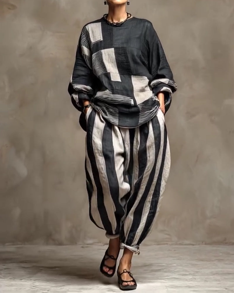 Casual Striped Round Neck Two-Piece Set