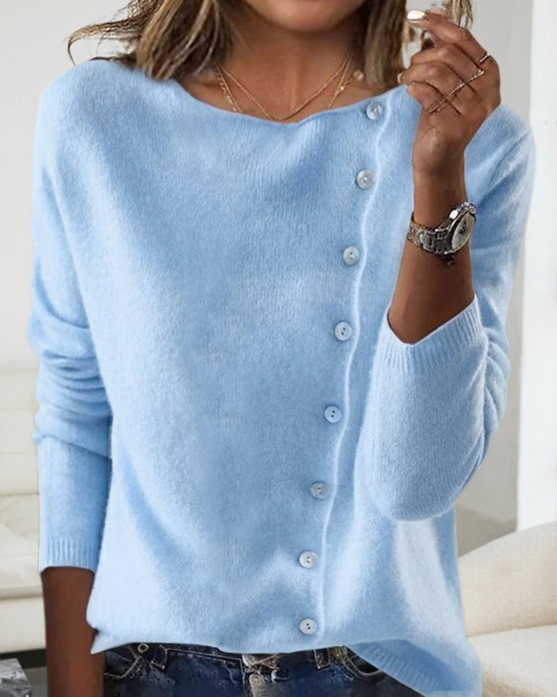 Casual solid color oblique button round neck pullover 2024 f/w pullovers