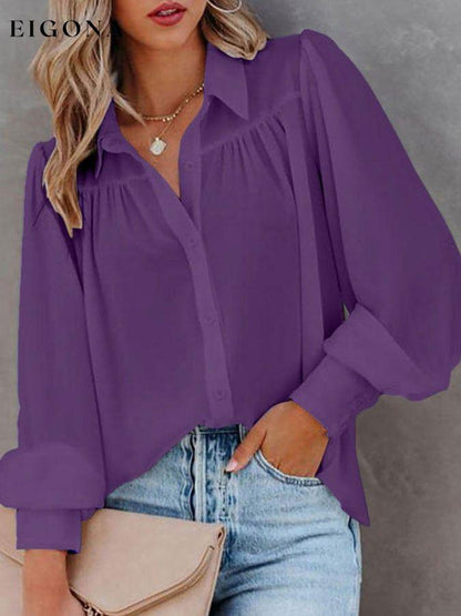 Solid Button-Up Balloon Sleeve Pleated Shirt funny