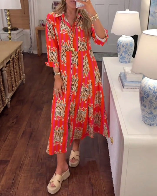 Long Sleeve Lapel Printed Maxi Dress