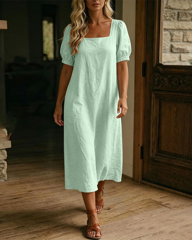 Square Neck Puff Sleeve Pocket Dress