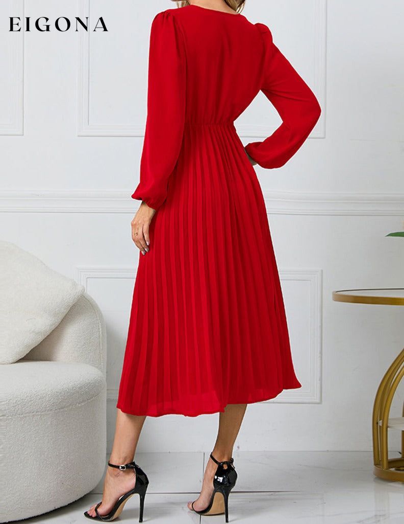 V-Neck Long Sleeve Tie Waist Midi Dress clothes H.Y.G@E Ship From Overseas Shipping Delay 09/29/2023 - 10/03/2023 trend