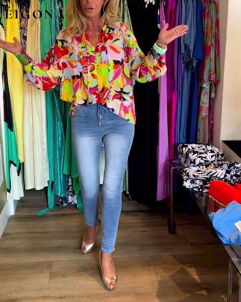 Colorful printed casual V-neck lace up blouse blouses & shirts spring summer