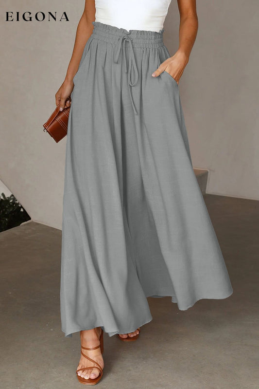 Gray Drawstring Smocked High Waist Wide Leg Pants Gray 100%Viscose All In Stock bottoms clothes EDM Monthly Recomend lounge wear loungewear Occasion Daily pants Print Solid Color Season Summer Silhouette Wide Leg Style Casual wide pants