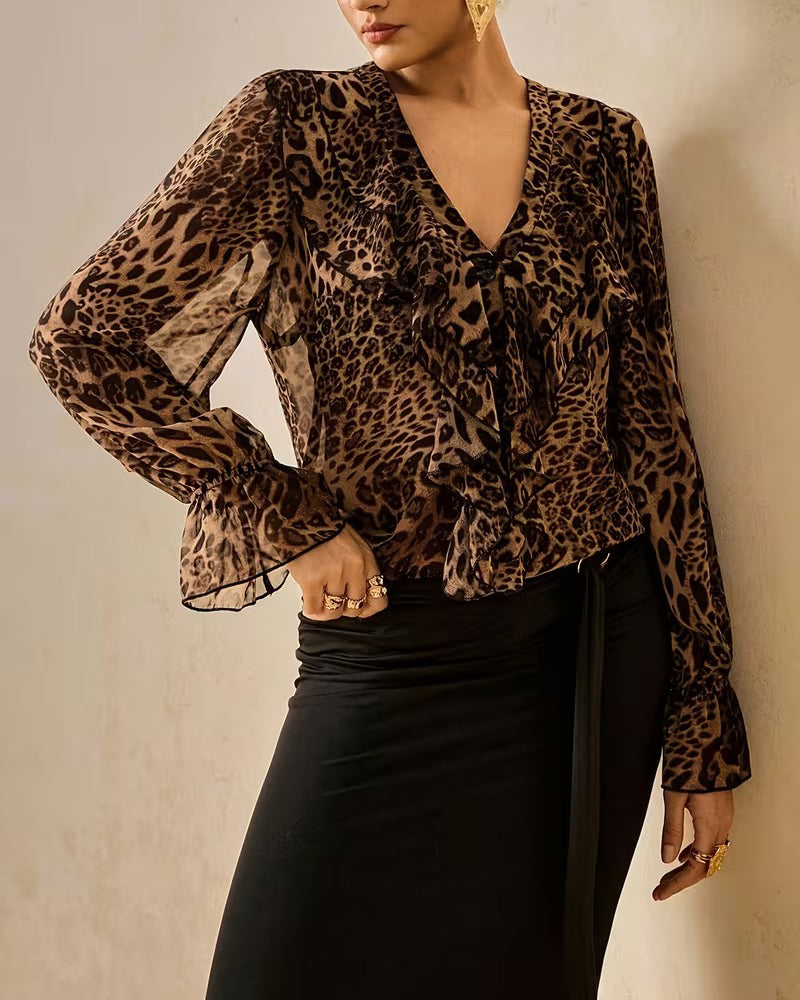 V-Neck Ruffled Leopard Print Blouse