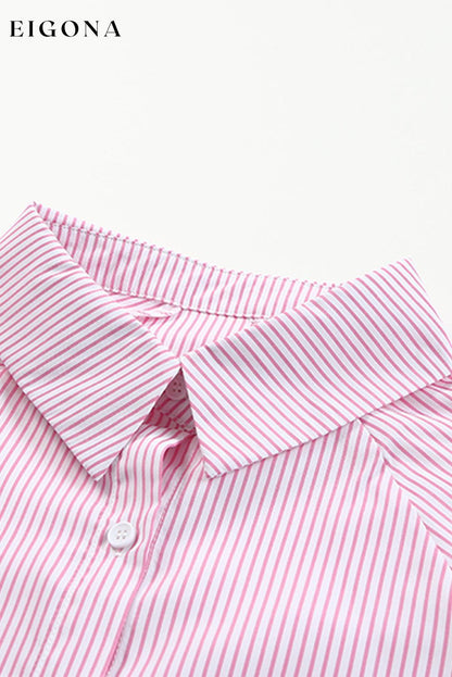 Pink Smocked Cuffed Striped Boyfriend Shirt with Pocket All In Stock button down womens clothes Color Pink Craft Smocked DL Exclusive Early Fall Collection long sleeve shirts long sleeve top Occasion Daily Print Stripe Season Spring Stripe tops Style Modern tops