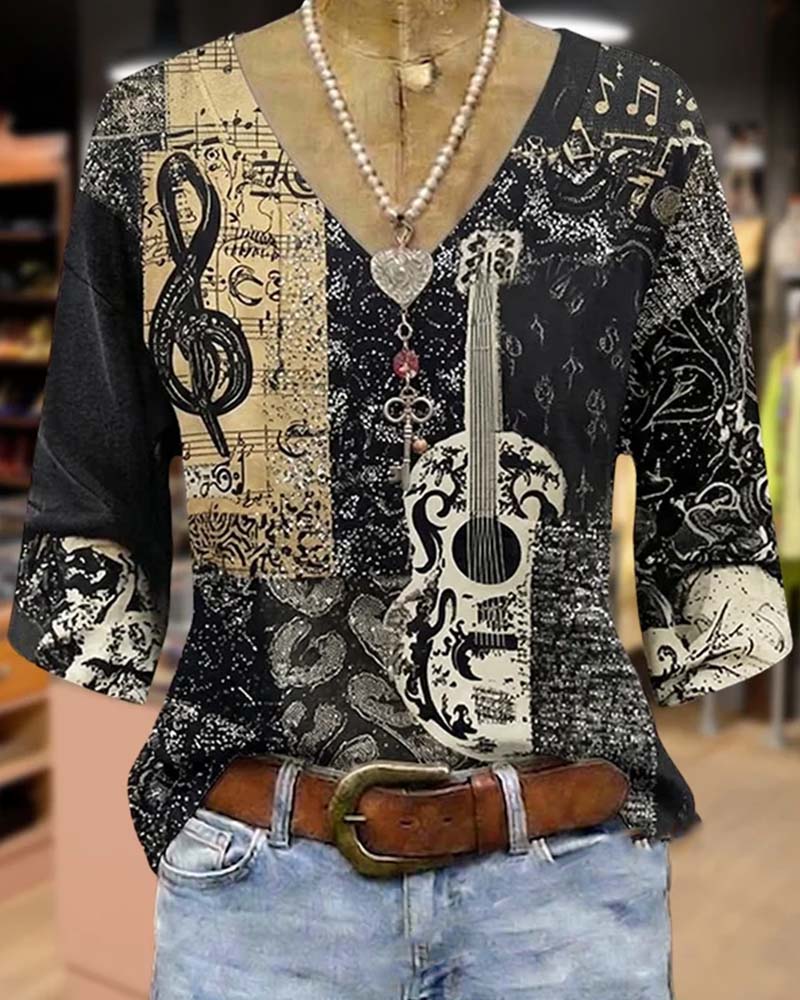 Vintage Music Note Guitar Print Blouse