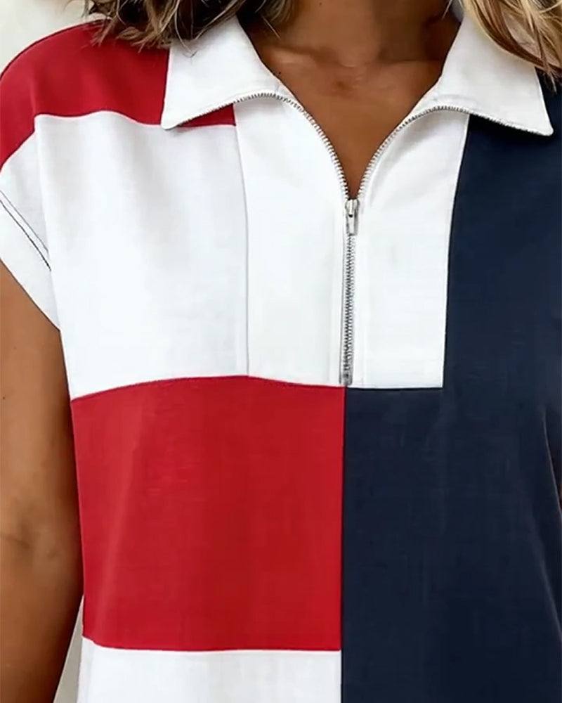 Short-Sleeved Striped Color-Blocked Dress