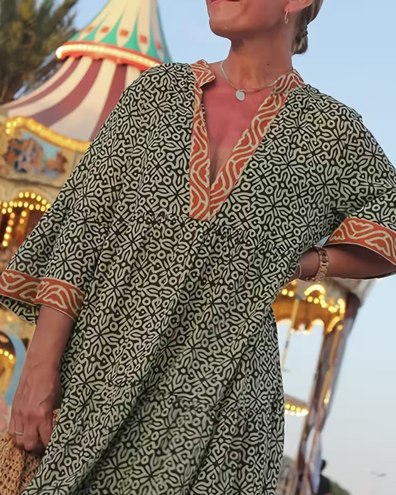 V-Neck Three-Quarter Sleeve Print Vacation Dress