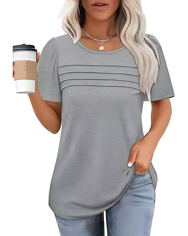 Pleated Loose Round Neck Short Sleeve T-Shirt