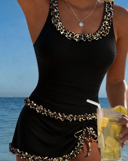 Leopard Print Lace U-Neck Dress Tankini