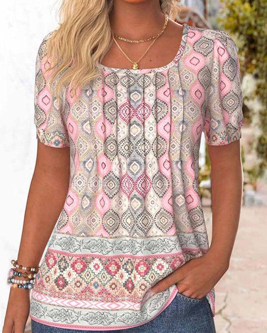Pleated Printed Lantern Sleeve Blouse