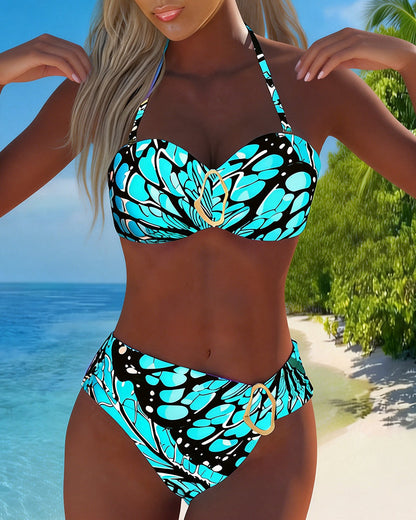 Abstract Petal Print Halterneck Bikini