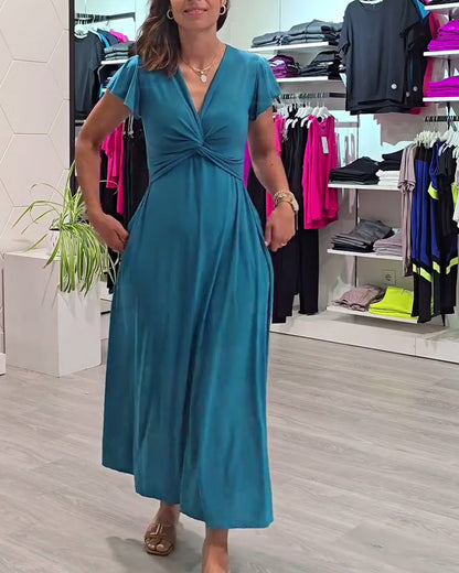 Short-Sleeved Solid Color Twisted Temperament Dress