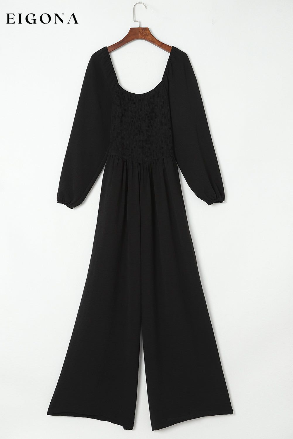 Black Smocked Square Neck Long Sleeve Wide Leg Jumpsuit All In Stock Best Sellers bottoms clothes DL Chic DL Exclusive long pants jumpsuit long sleeve jumpsuit Occasion Daily pants Print Solid Color Season Fall & Autumn Style Southern Belle