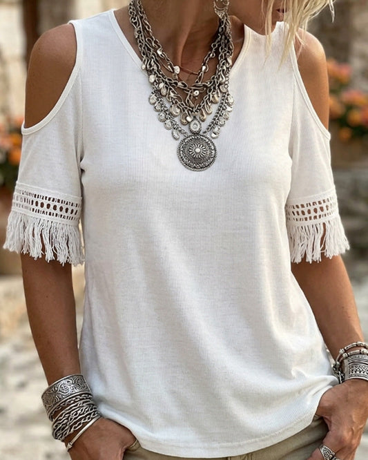 Off-Shoulder Fringe Short Sleeve T-Shirt spring summer t-shirts