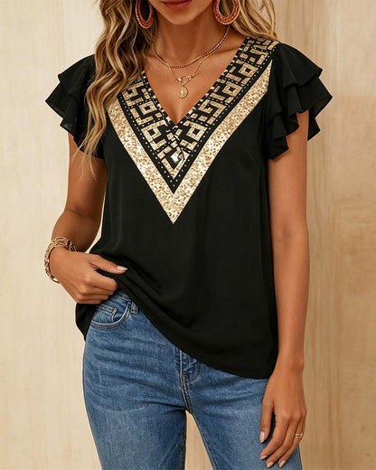 Lotus Leaf Print V-Neck Contrast Blouse
