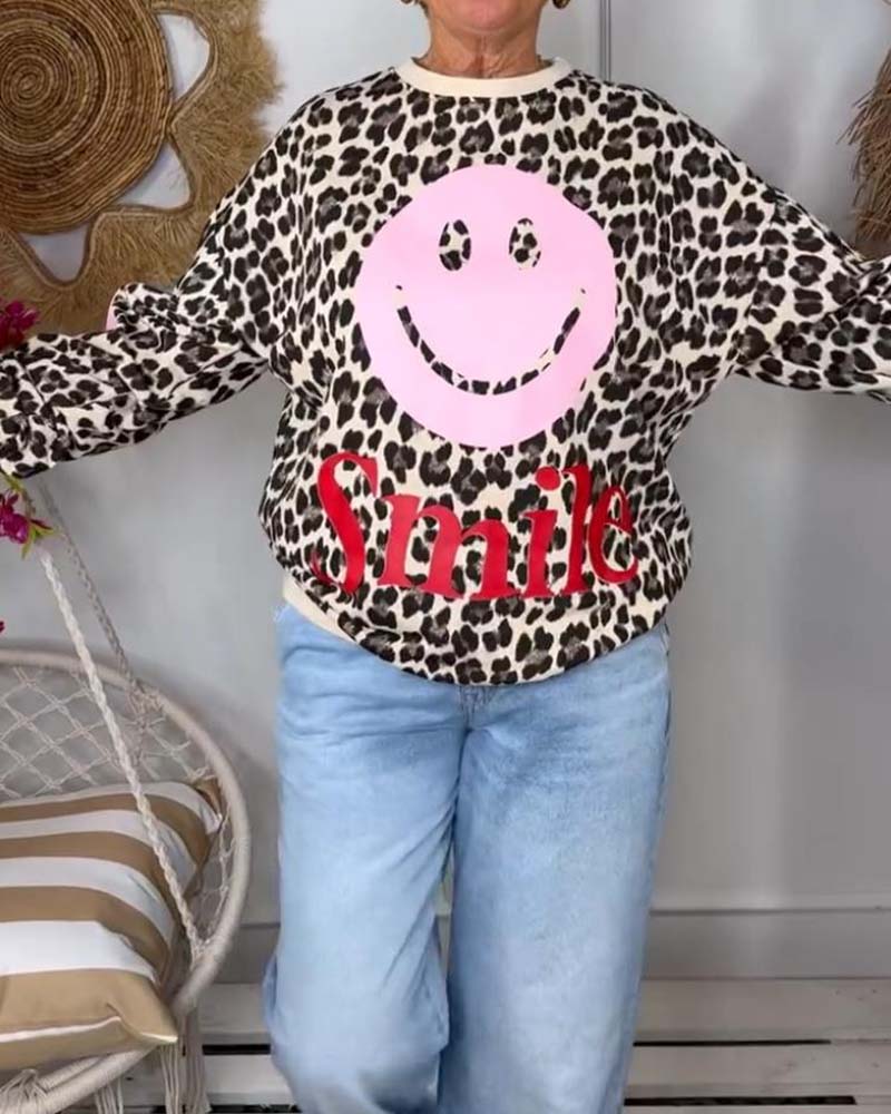 Leopard smiley face print sweatshirt 2023 f/w 202466 hoodies & sweatshirts