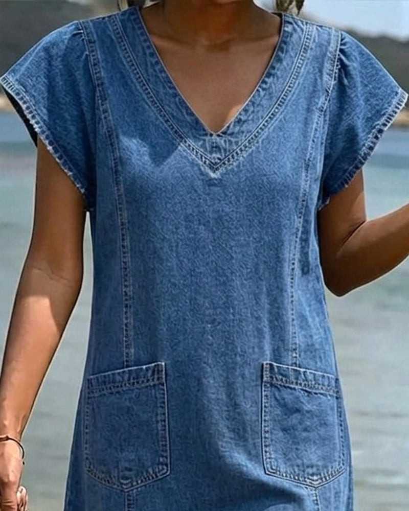 V Neck Solid Short Sleeve Sheath Dress