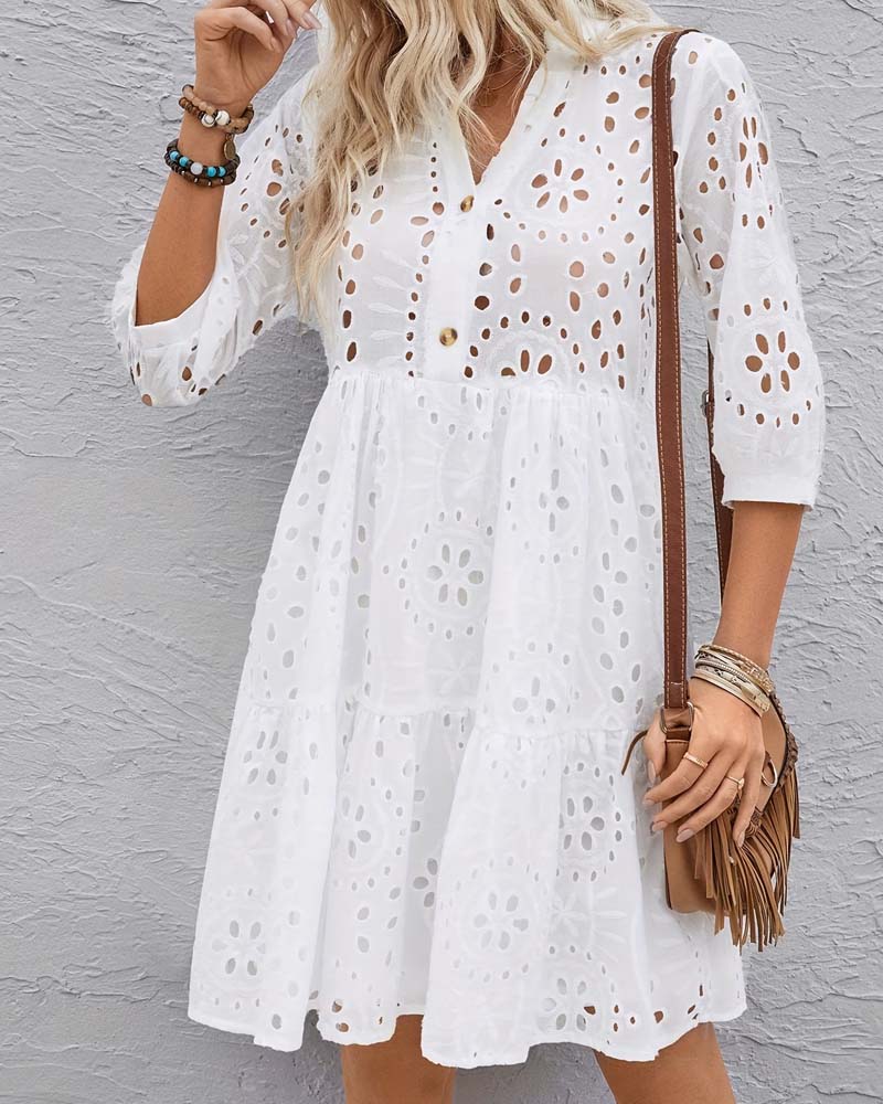 Hollow Out V-Neck Solid Color Ruffle Dress