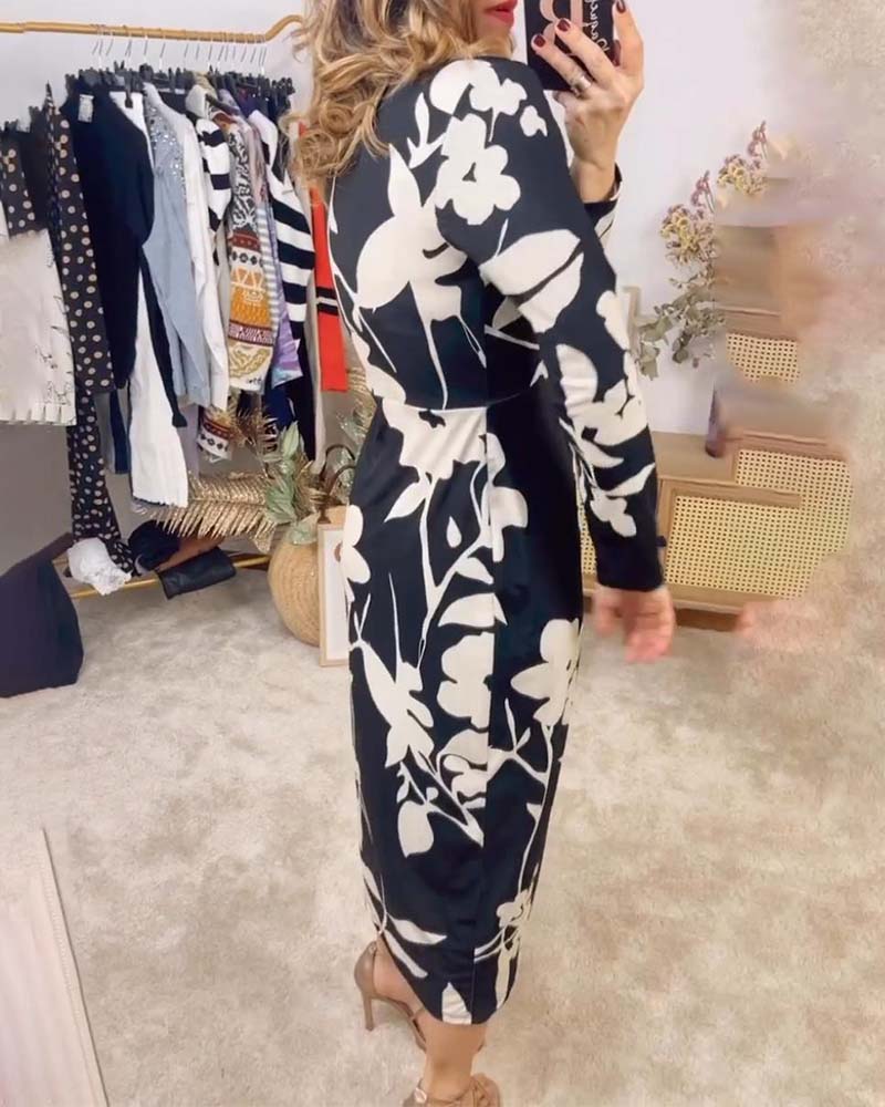 Fashion floral print V-neck twist long sleeve dress 202466 casual dresses spring summer