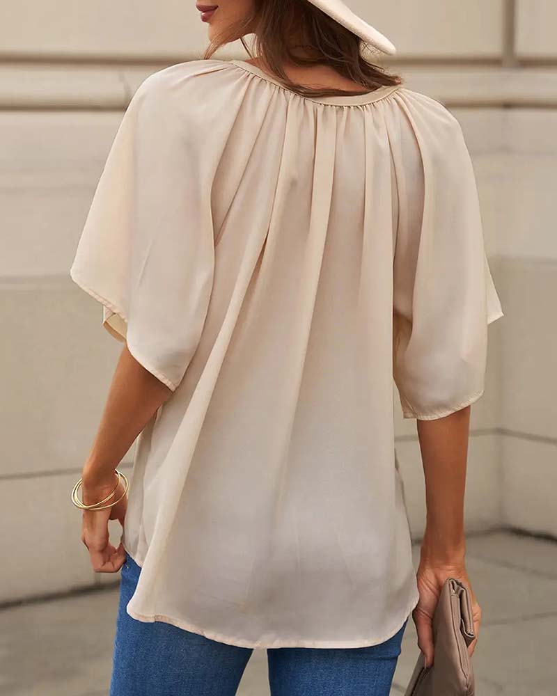 Loose-Fit Solid-Color V-Neck Top