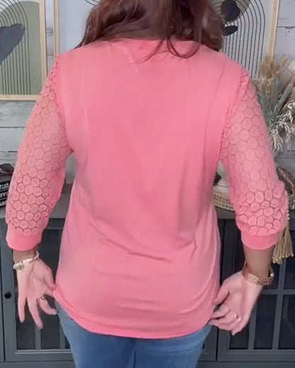 Three-Quarter Sleeve Lace Panel V-Neck Blouse