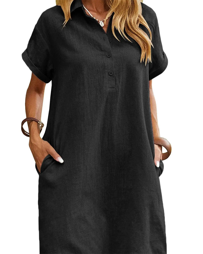 Lapel Button Split Short Sleeve Casual Dress casual dresses spring summer