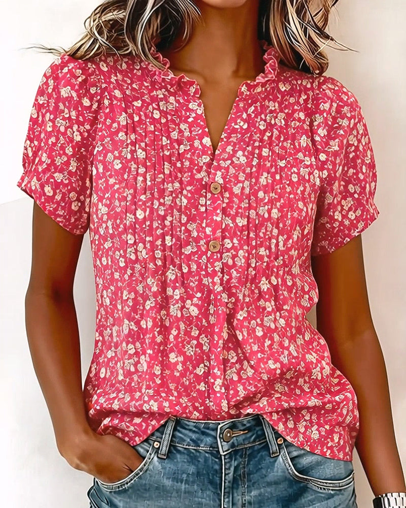 V-neck Button Floral Print Blouse