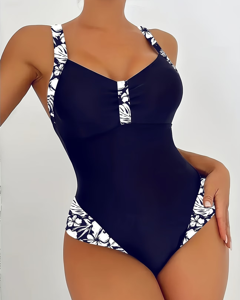Retro Color-Block Print One-Piece Swimsuit