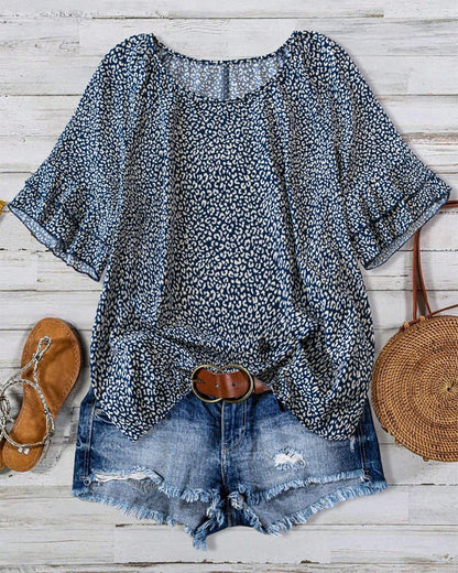 Ruffle Crew Neck Country Style Blouse