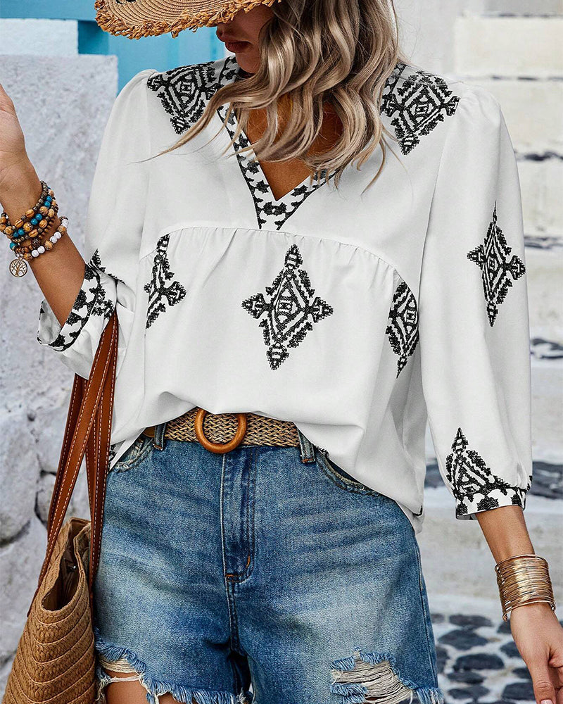 V-Neck Diamond Print Three-Quarter Sleeve Blouse blouses & shirts summer