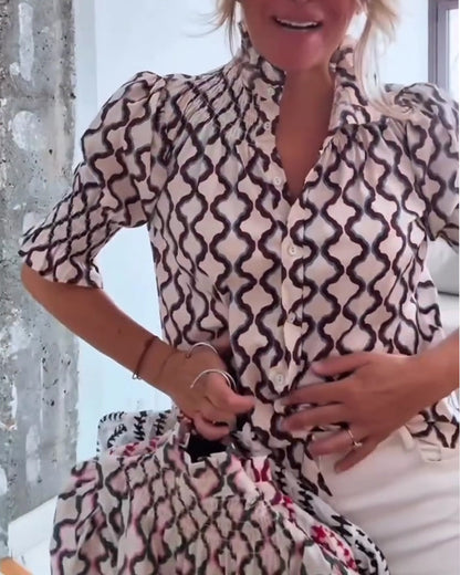 Wave Print Stand Collar Puff Sleeve Shirt