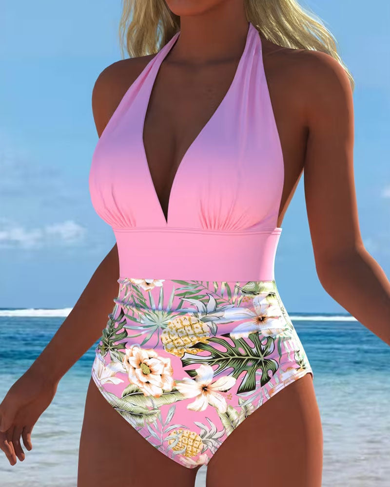 Tropical Floral Halter One Piece