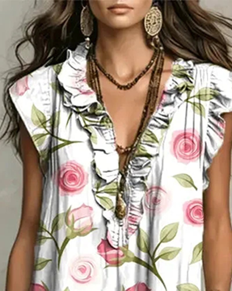 Rose Print Ruffle V-Neck Dress