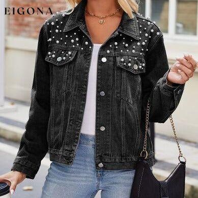 Pearl Detail Collared Neck Long Sleeve Denim Jacket Black Clothes Denim Jacket Jackets & Coats Manny Ship From Overseas