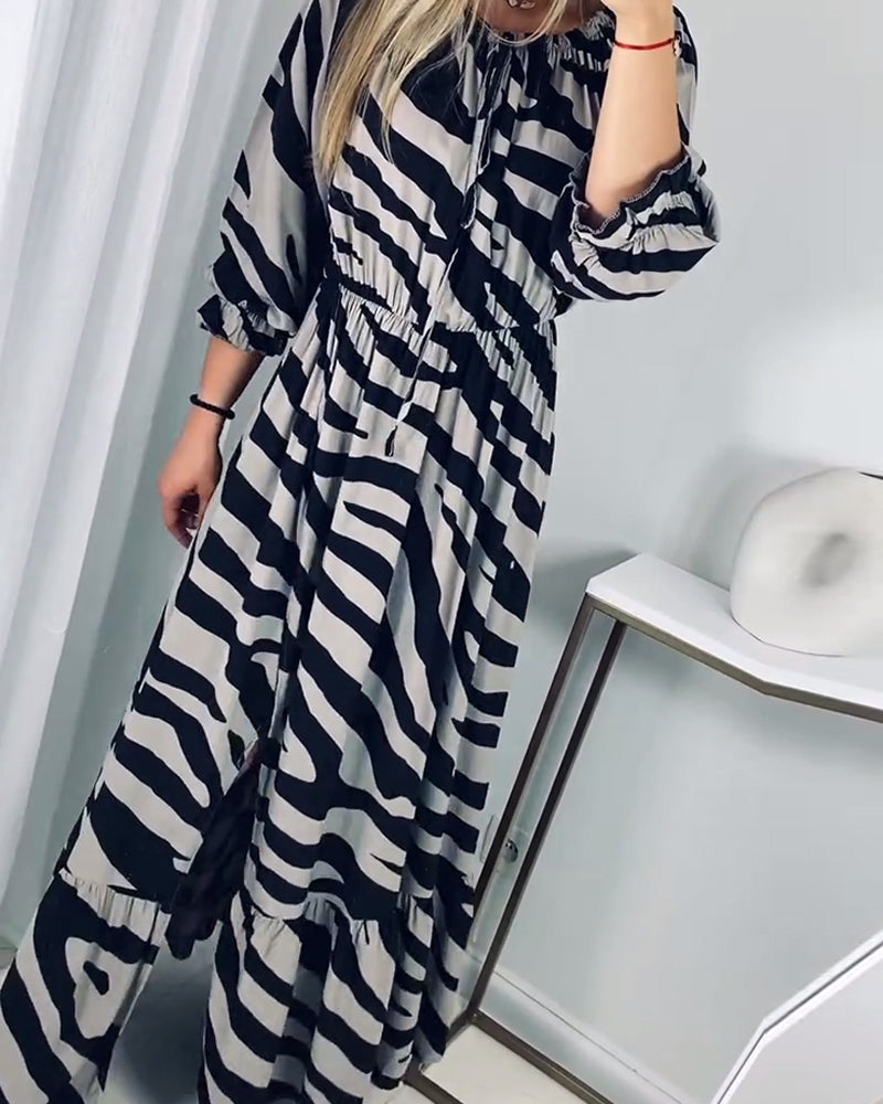 Contrast stripe print slit elegant dress casual dresses spring